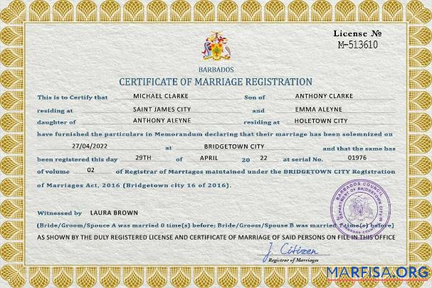 Printable Barbados marriage certificate PSD template